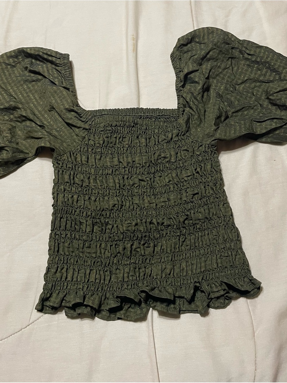 Old Navy Olive Green Smocked Puff-Sleeve Crop Top